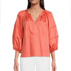 tyler boe $183 Molly Woven Banded Split V-Neck Lace Trim Coral Top Size S